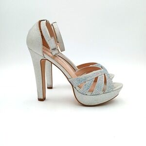 Formal De Blossom Collection Silver Sparkle Rhinestone Open Toe Stiletto Heels 8